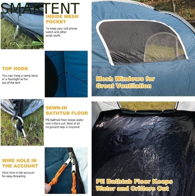 2.44*2.44*2.19M 6 personnes Tente de camping pour voiture en polyester revêtu d'un revêtement imperméable bleu avec 2 fenêtres 4 saisons fournisseur