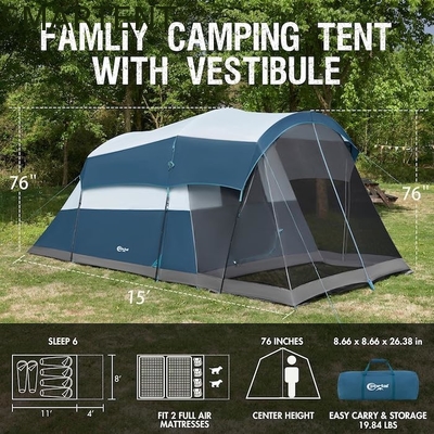 6.1*2.44*1.93M Tente de camping en extérieur à double couleur bleu-gris imperméable enduit en polyester grande tente de camping familiale adaptée pour 6-8 personnes fournisseur